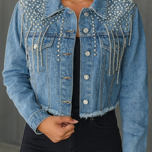 Chaqueta vaquera con pedrería y flecos para mujer