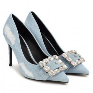 Tacones denim con hebilla joya y acabado desgastado