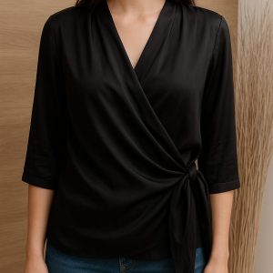 Blusa Negra Cruzada con Lazo Lateral