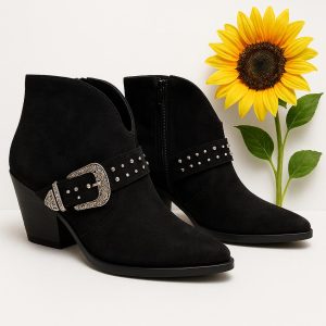 🖤 Botines Negros de Ante con Tacón de Cuña y Hebilla Decorativa