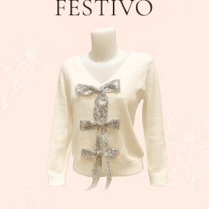 Jersey blanco con lazos de lentejuelas plateadas