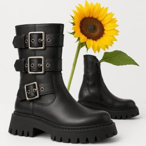 Bota biker negra con hebillas metálicas