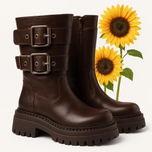 Bota biker marrón con hebillas metálicas