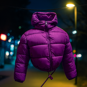 Plumífero corto morado con cinturón ajustable