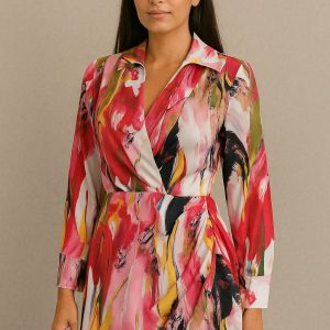 Vestido corto estampado abstracto en tonos rosa y multicolor